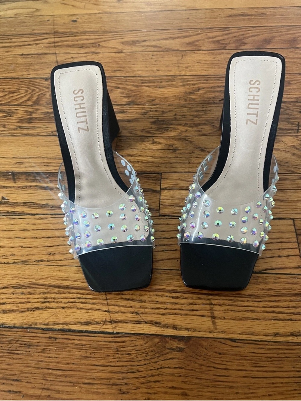 SCHUTZ Black Clear Crystal-Stud Mule Sandals